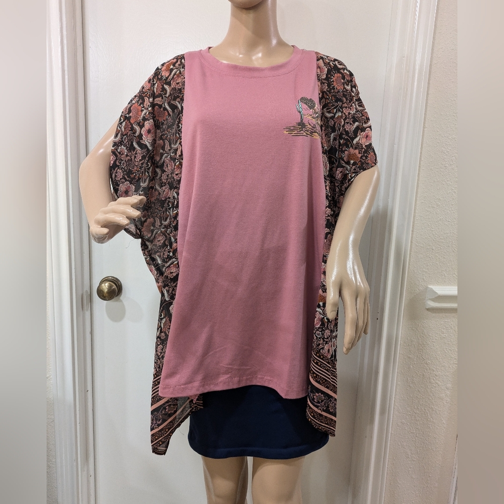 Custom Upcycled Kimona XL Tunic Top Pullover Floral/ Heart Like a Truck Graphic